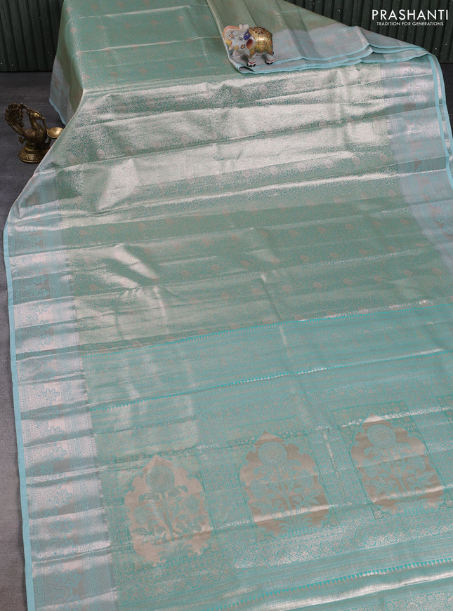 Bangalori tissue silk saree teal blue with allover zari woven brocade weaves and zari woven border