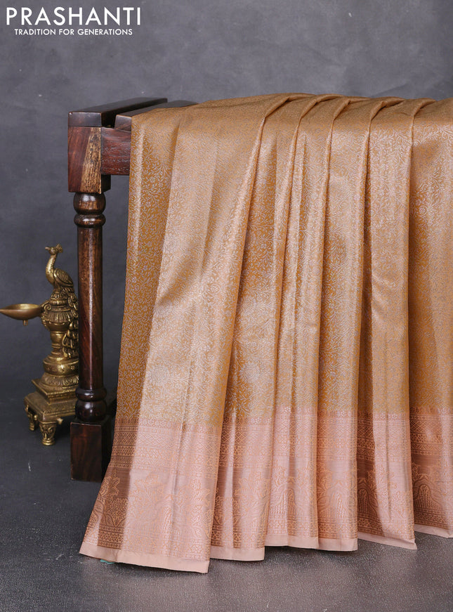 Bangalori tissue silk saree mustard yellow and pale orange with allover zari woven brocade weaves and zari woven border