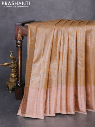 Bangalori tissue silk saree mustard yellow and pale orange with allover zari woven brocade weaves and zari woven border