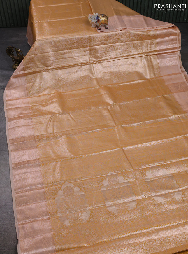 Bangalori tissue silk saree mustard yellow and pale orange with allover zari woven brocade weaves and zari woven border