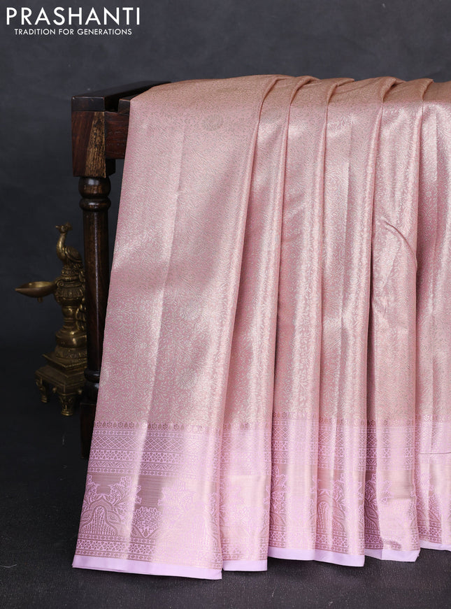 Bangalori tissue silk saree baby pink with allover zari woven brocade weaves and zari woven border