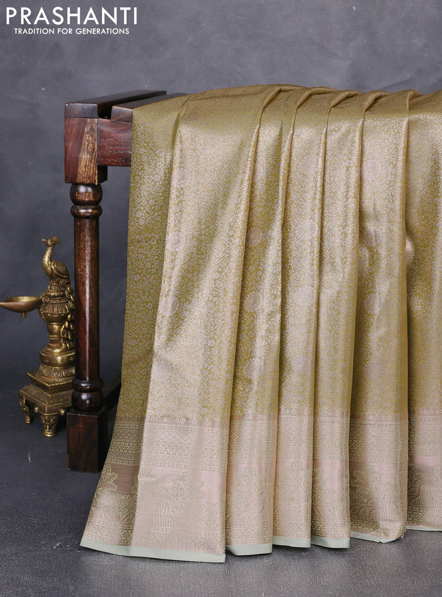 Bangalori tissue silk saree pista green with allover zari woven brocade weaves and zari woven border