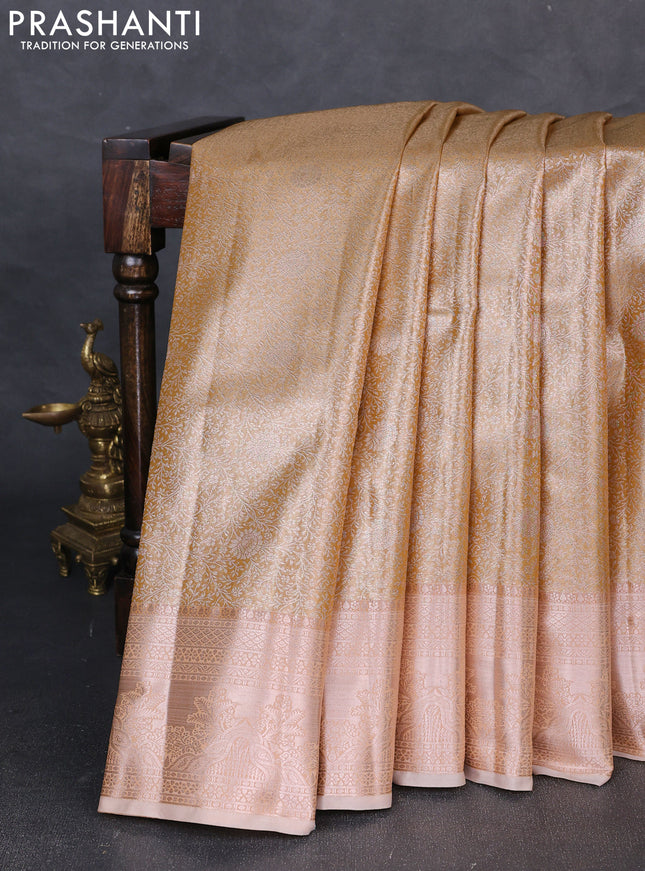Bangalori tissue silk saree sandal with allover zari woven brocade weaves and zari woven border