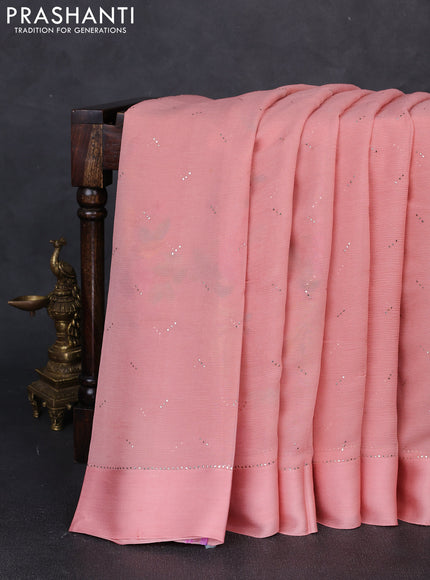 Pure chiffon silk saree peach shade with golden buttas and floral printed blouse