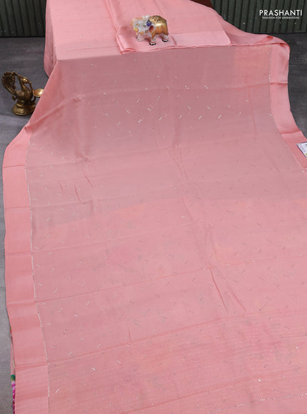 Pure chiffon silk saree peach shade with golden buttas and floral printed blouse