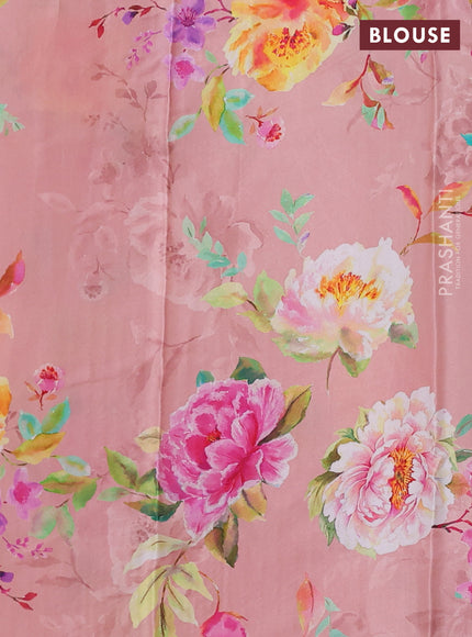 Pure chiffon silk saree peach shade with golden buttas and floral printed blouse