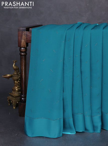 Pure chiffon silk saree teal blue with golden buttas and floral printed blouse