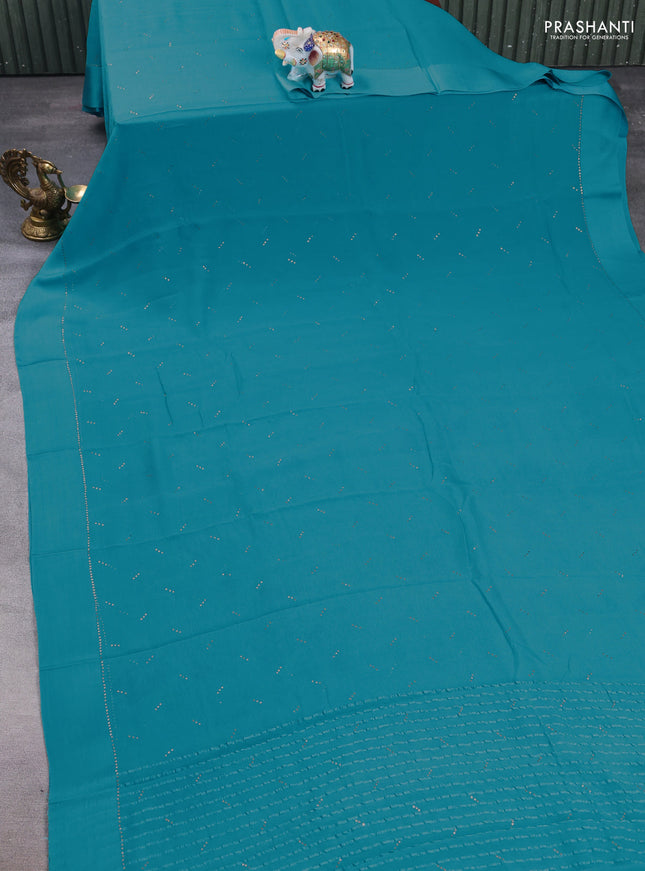 Pure chiffon silk saree teal blue with golden buttas and floral printed blouse
