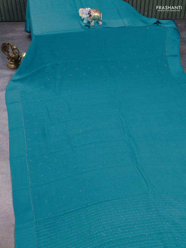 Pure chiffon silk saree teal blue with golden buttas and floral printed blouse