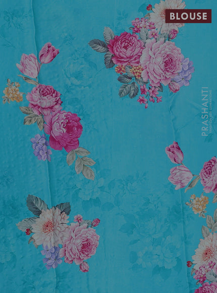 Pure chiffon silk saree teal blue with golden buttas and floral printed blouse
