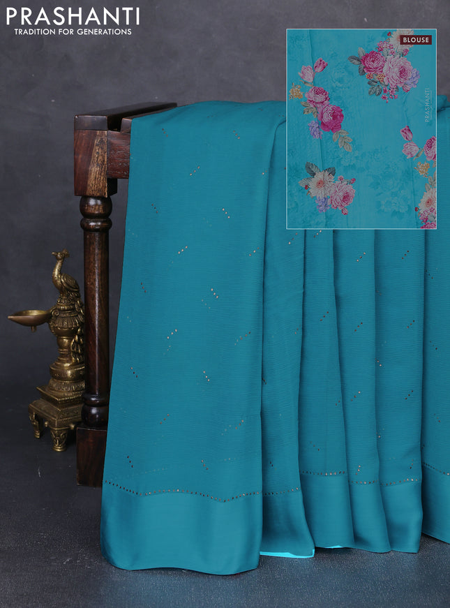 Pure chiffon silk saree teal blue with golden buttas and floral printed blouse