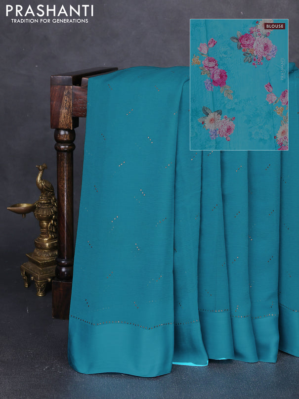 Pure chiffon silk saree teal blue with golden buttas and floral printed blouse