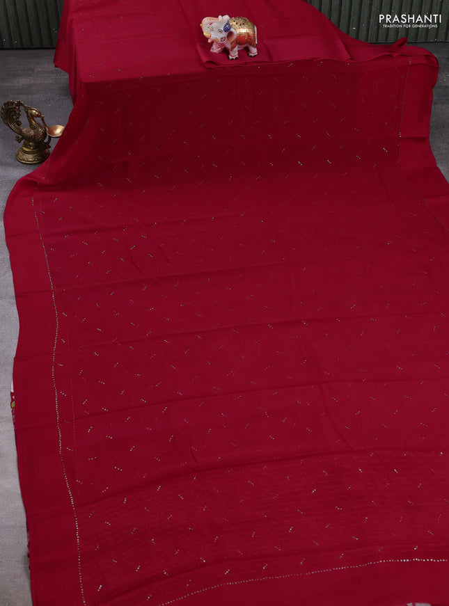 Pure chiffon silk saree red with golden buttas and floral printed blouse