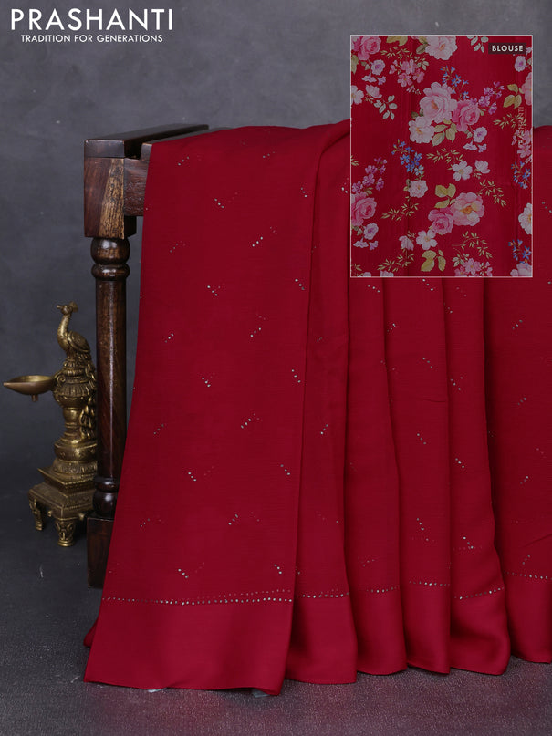 Pure chiffon silk saree red with golden buttas and floral printed blouse