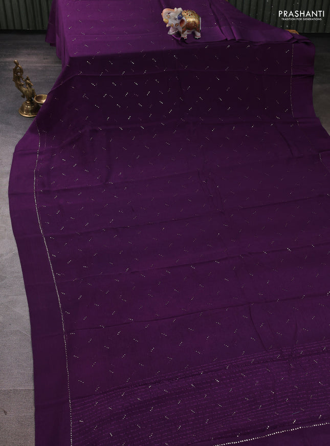 Pure chiffon silk saree dark purple with golden buttas and floral printed blouse