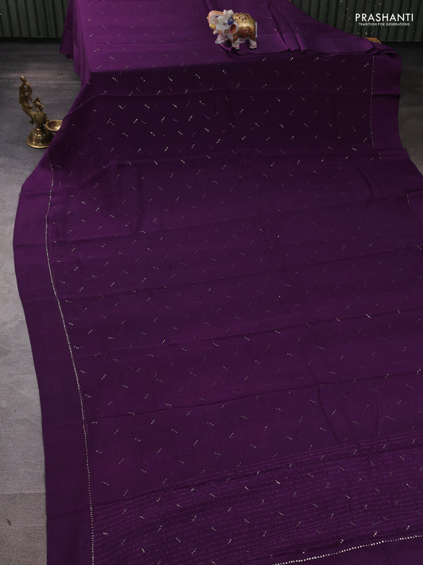 Pure chiffon silk saree dark purple with golden buttas and floral printed blouse