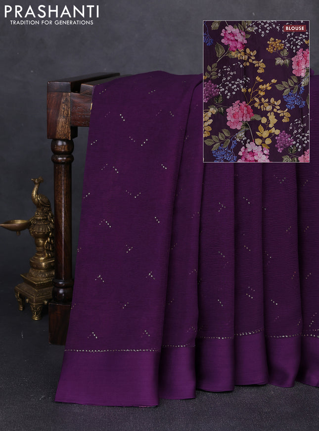 Pure chiffon silk saree dark purple with golden buttas and floral printed blouse