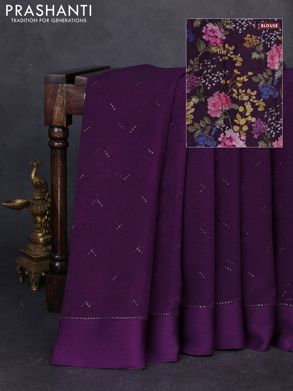Pure chiffon silk saree dark purple with golden buttas and floral printed blouse