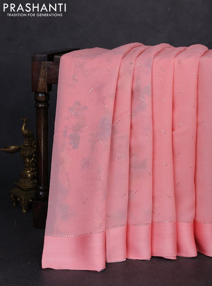 Pure chiffon silk saree peach shade with golden buttas and floral printed blouse