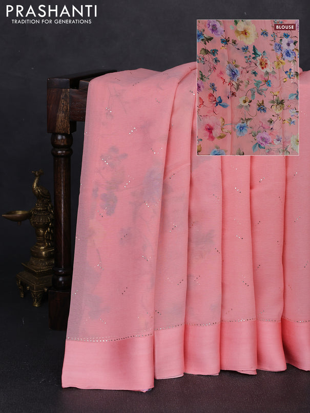 Pure chiffon silk saree peach shade with golden buttas and floral printed blouse