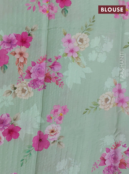 Pure chiffon silk saree pista green with golden buttas and floral printed blouse