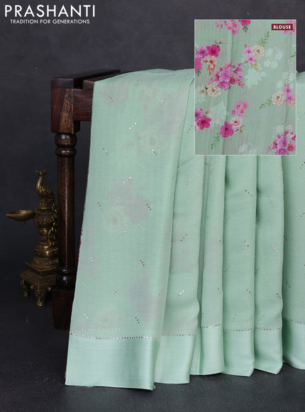 Pure chiffon silk saree pista green with golden buttas and floral printed blouse