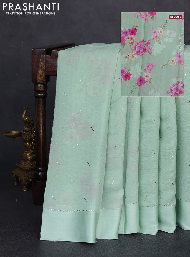 Pure chiffon silk saree pista green with golden buttas and floral printed blouse