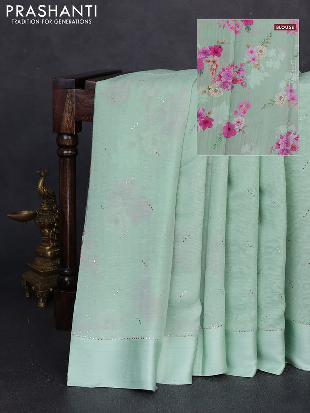 Pure chiffon silk saree pista green with golden buttas and floral printed blouse