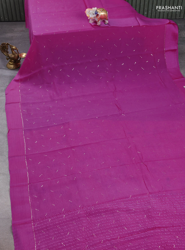 Pure chiffon silk saree pink and mild peach with golden buttas and floral printed blouse