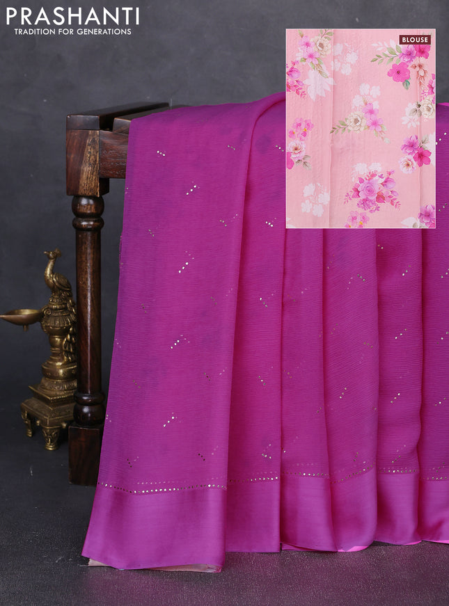 Pure chiffon silk saree pink and mild peach with golden buttas and floral printed blouse