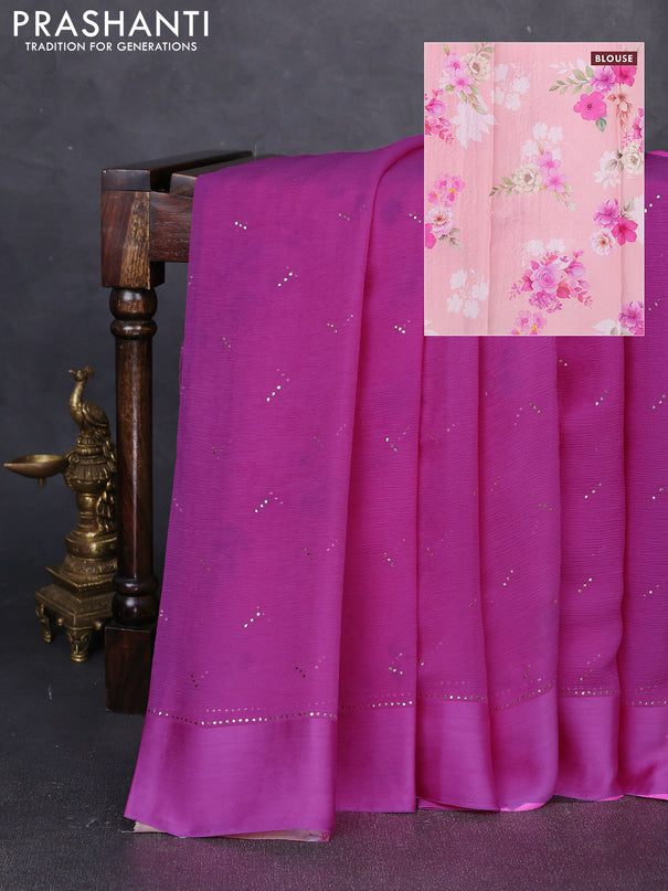 Pure chiffon silk saree pink and mild peach with golden buttas and floral printed blouse