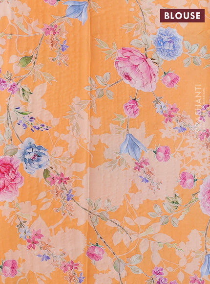 Pure chiffon silk saree orange with golden buttas and floral printed blouse