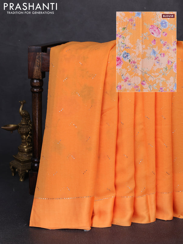 Pure chiffon silk saree orange with golden buttas and floral printed blouse
