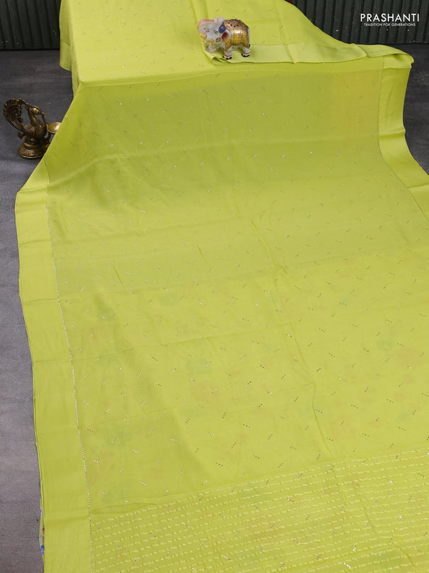 Pure chiffon silk saree lime yellow with golden buttas and floral printed blouse