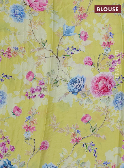 Pure chiffon silk saree lime yellow with golden buttas and floral printed blouse