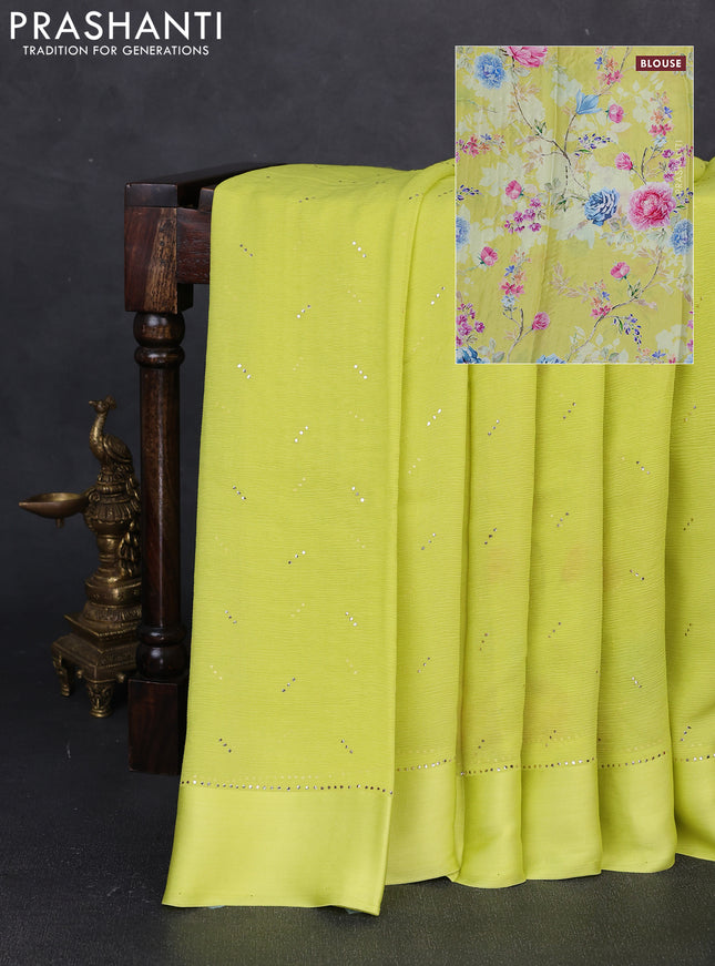 Pure chiffon silk saree lime yellow with golden buttas and floral printed blouse