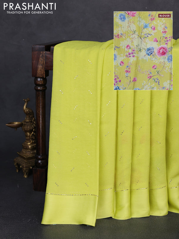 Pure chiffon silk saree lime yellow with golden buttas and floral printed blouse