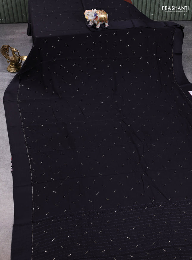 Pure chiffon silk saree black with golden buttas and floral printed blouse