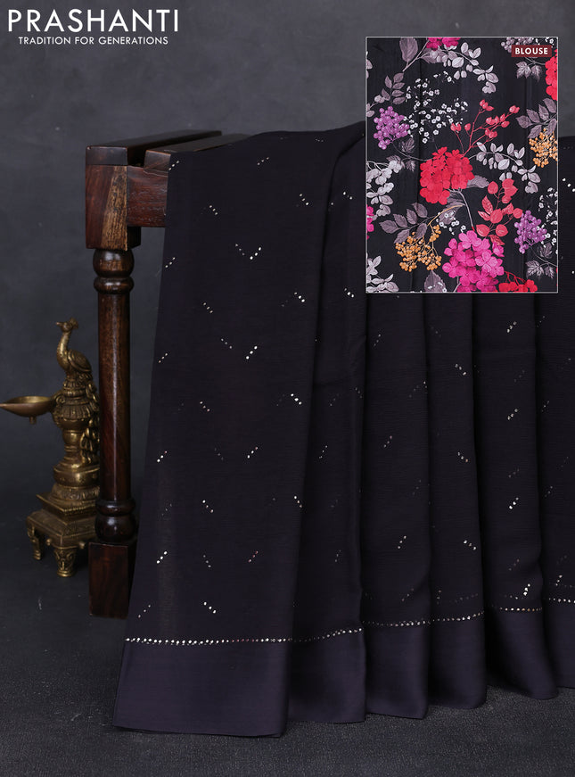 Pure chiffon silk saree black with golden buttas and floral printed blouse