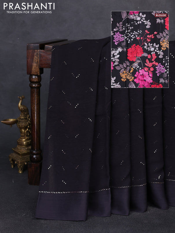 Pure chiffon silk saree black with golden buttas and floral printed blouse
