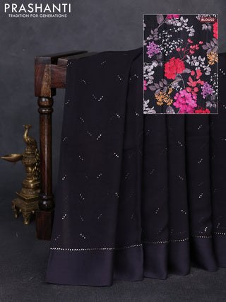Pure chiffon silk saree black with golden buttas and floral printed blouse