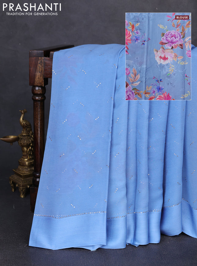 Pure chiffon silk saree pastel blue with golden buttas and floral printed blouse