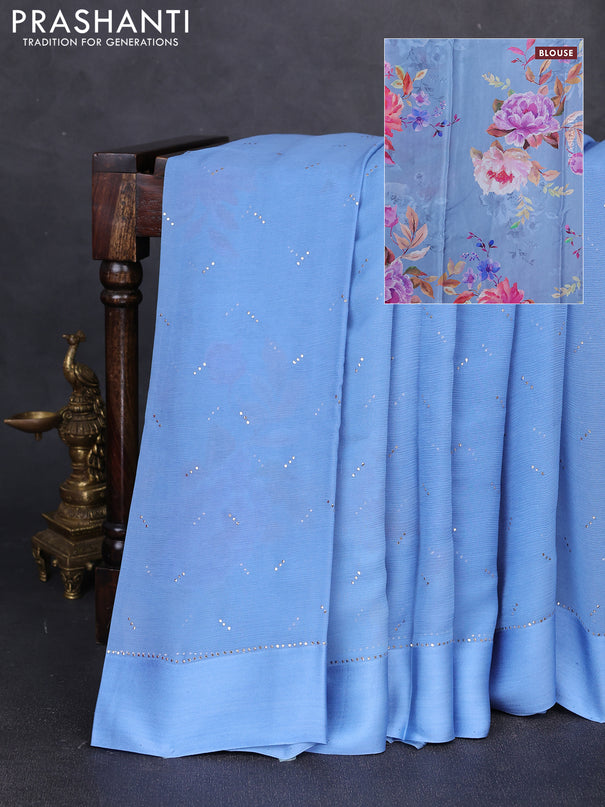Pure chiffon silk saree pastel blue with golden buttas and floral printed blouse