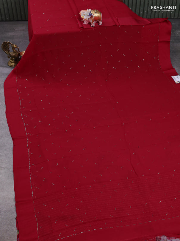 Pure chiffon silk saree red with golden buttas and floral printed blouse