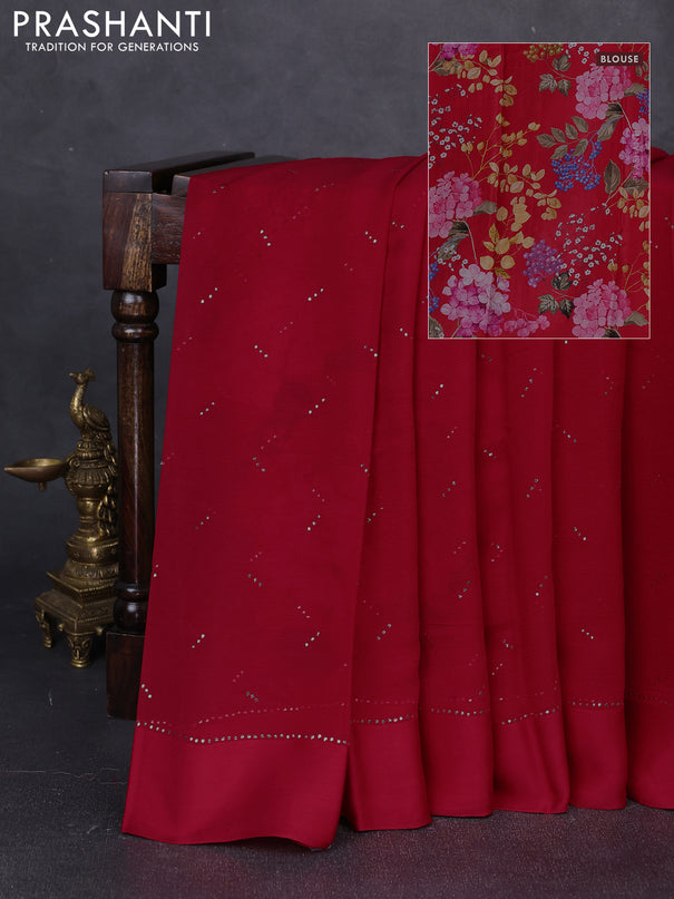 Pure chiffon silk saree red with golden buttas and floral printed blouse