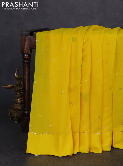 Pure chiffon silk saree yellow with golden buttas and floral printed blouse