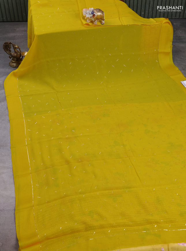 Pure chiffon silk saree yellow with golden buttas and floral printed blouse