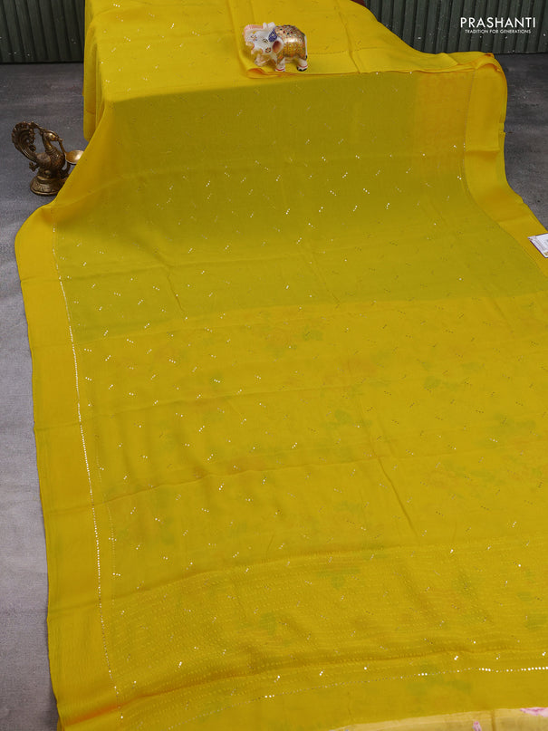 Pure chiffon silk saree yellow with golden buttas and floral printed blouse