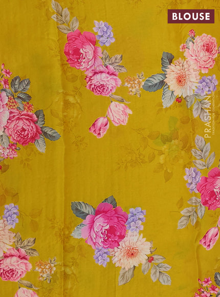 Pure chiffon silk saree yellow with golden buttas and floral printed blouse