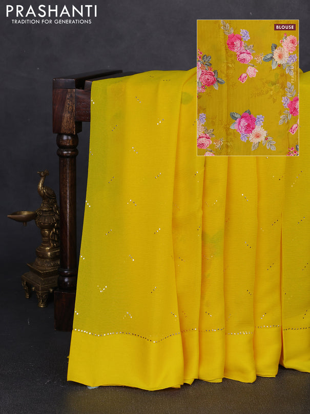 Pure chiffon silk saree yellow with golden buttas and floral printed blouse